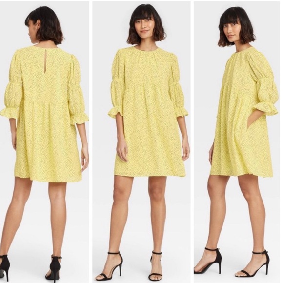 Who What Wear Dresses & Skirts - Who What Wear Mini Puff Sleeve Yellow Polka Dot Dress Babydoll Size Medium Cute